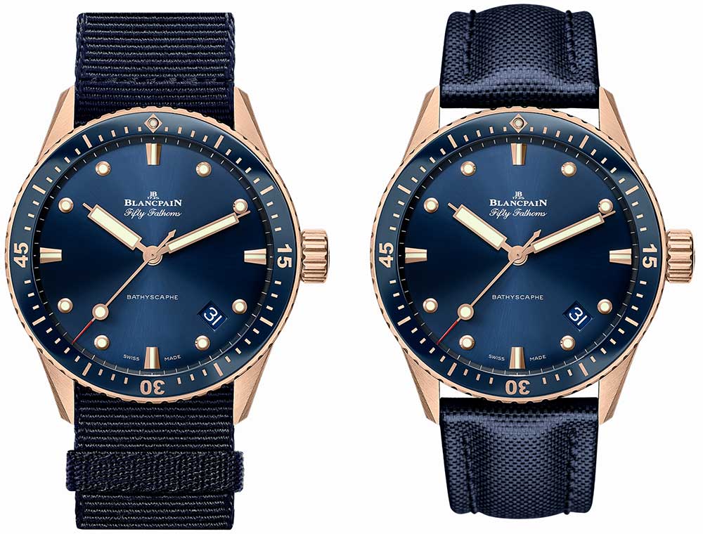 blancpain fifty fathoms bathyscaphe sedna gold two straps