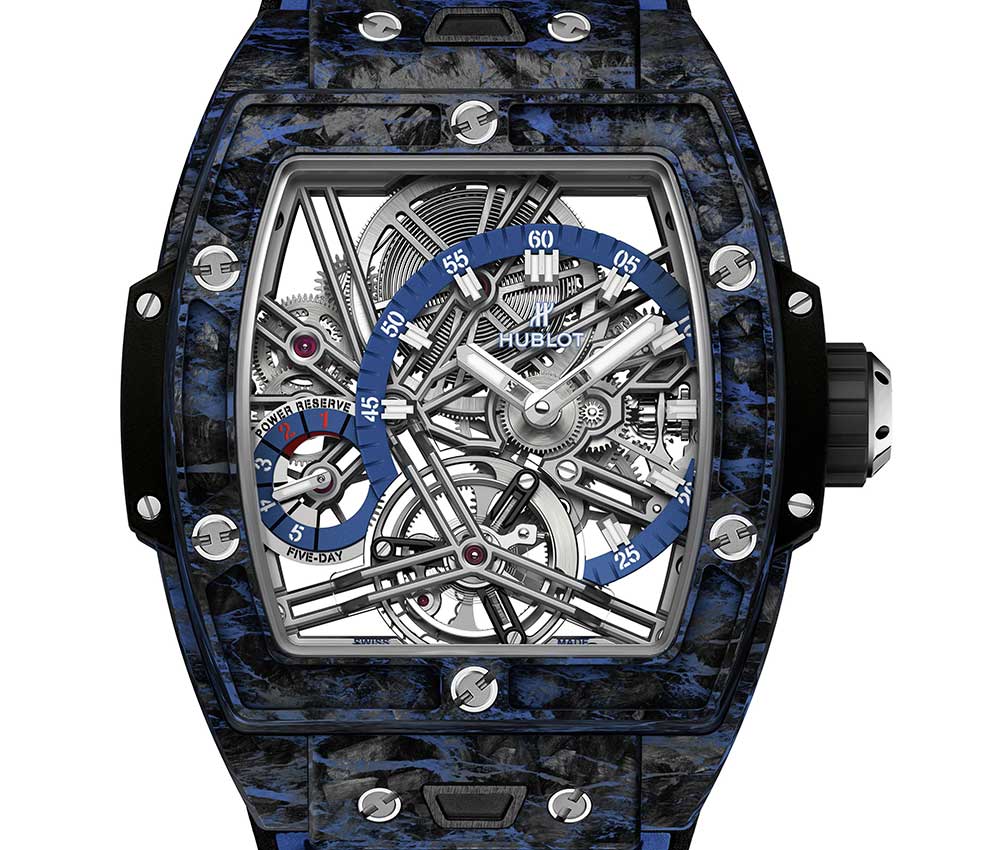 hublot spirit big bang tourbillon carbon blue closeup