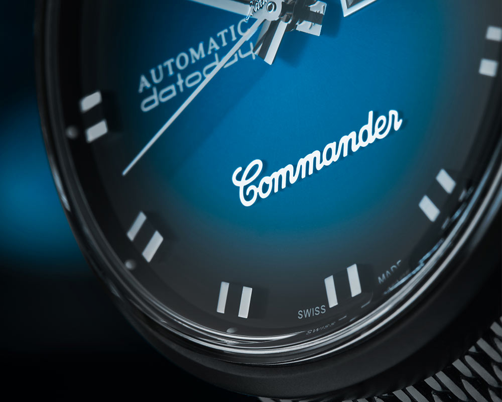 mido commander blue shade closeup low dial