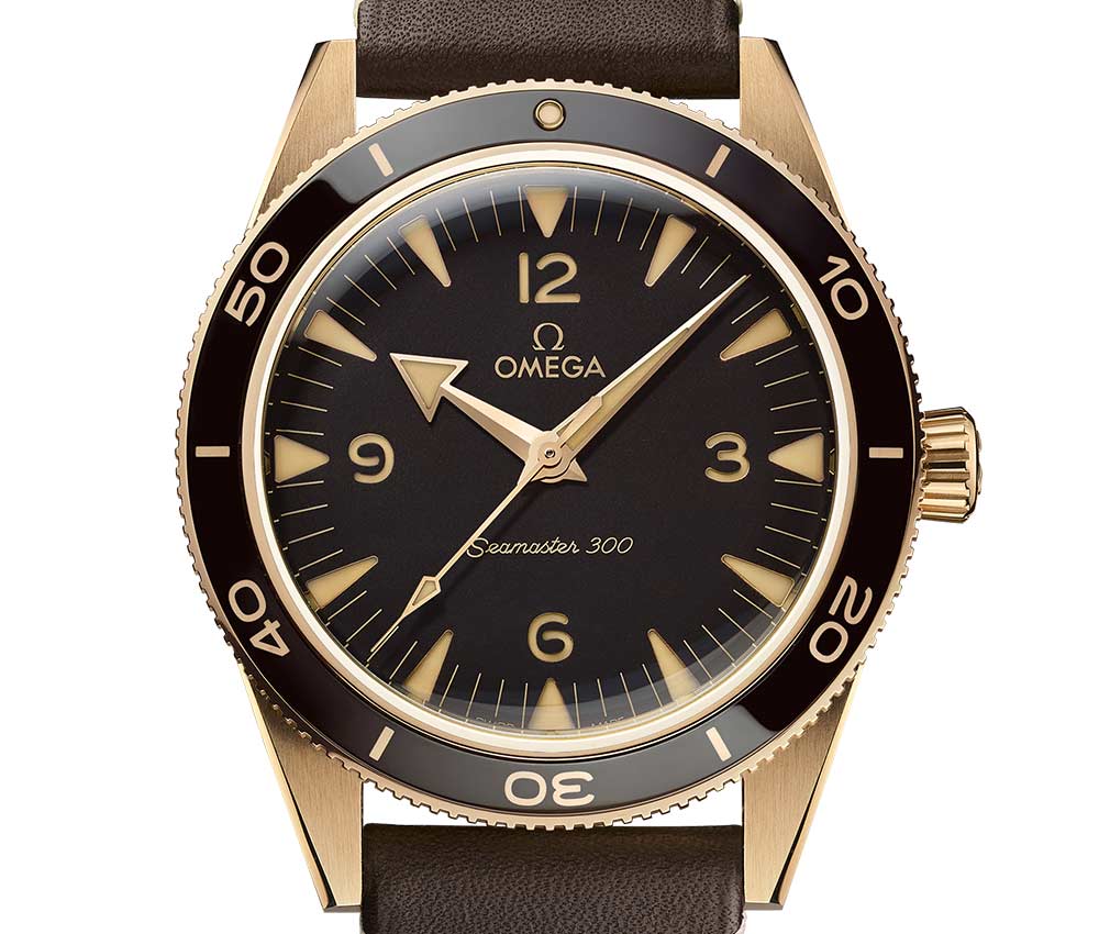 omega seamaster bronze gold front closeup