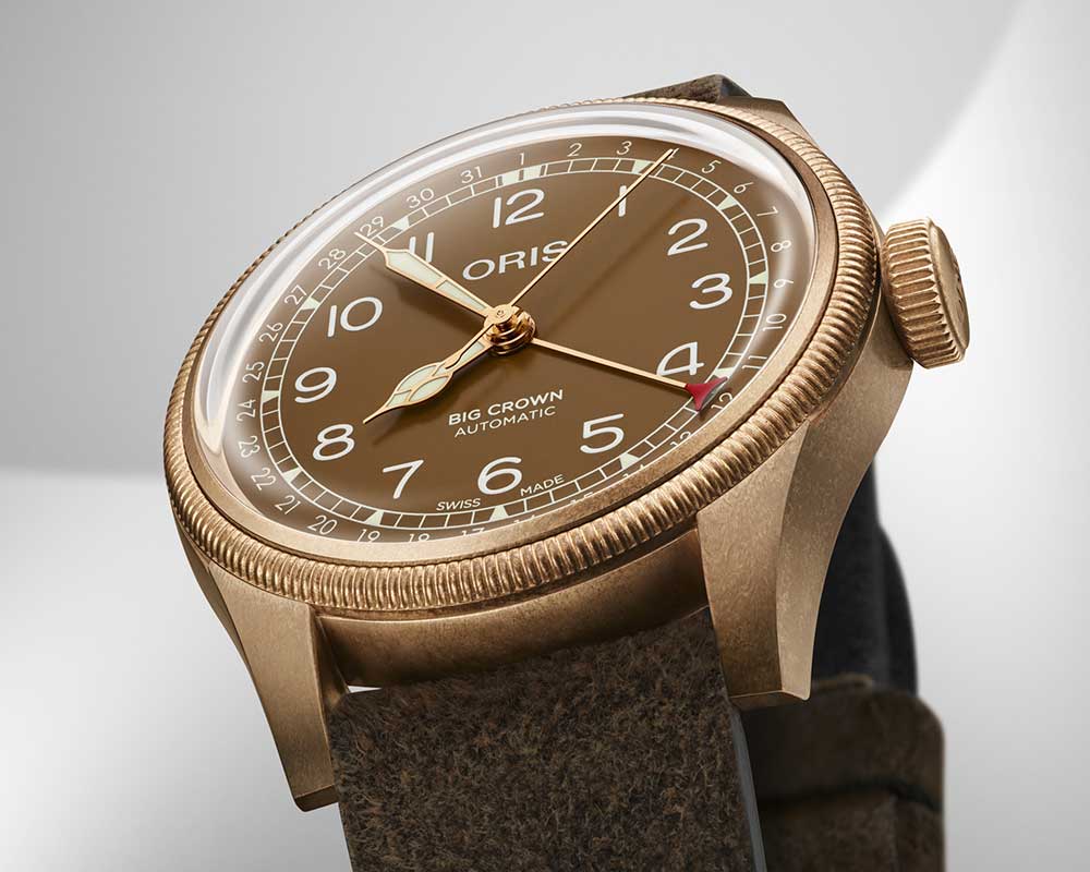 oris big crown bronze pointer date closeup