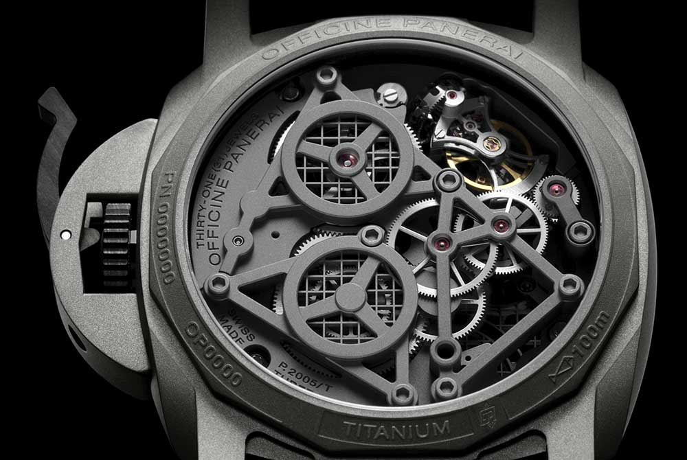 panrai luminor tourbillon gmt 47 caseback closeup