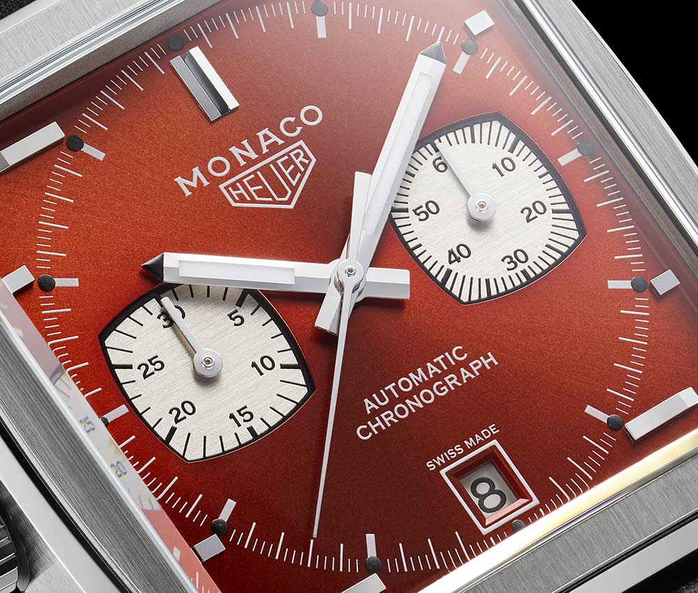tag heuer monaco limited 1979-1989 red dial closeup
