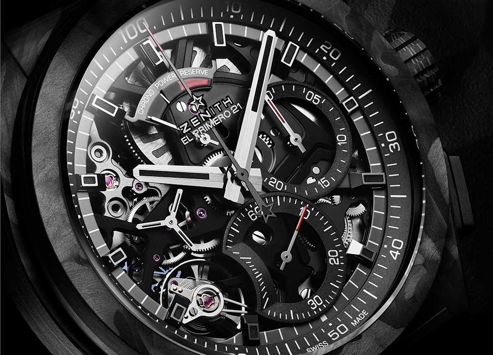 zenith defy el primero 21 carbon dial closeup