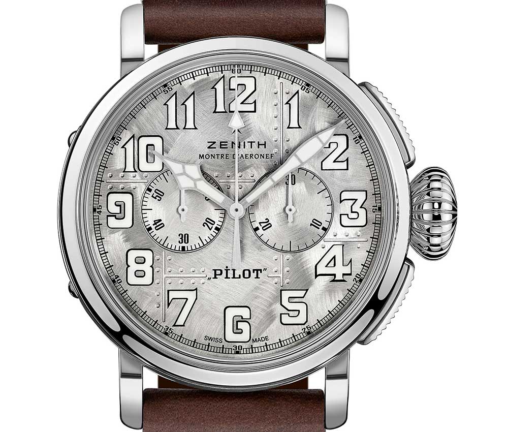 zenith pilot type 20 chronograph silver closeup